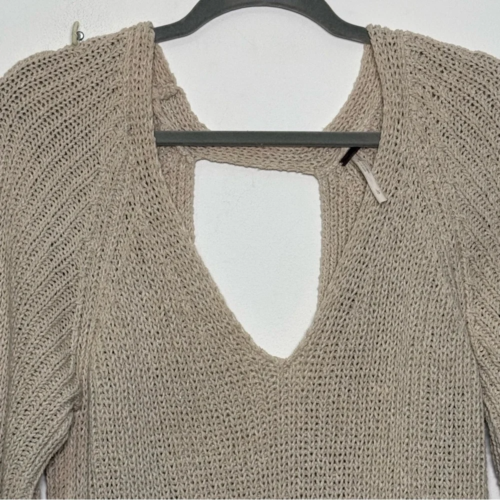 Free People V-Neck Sweater crochet knit sweater with bell sleeves open back - Picture 3 of 7